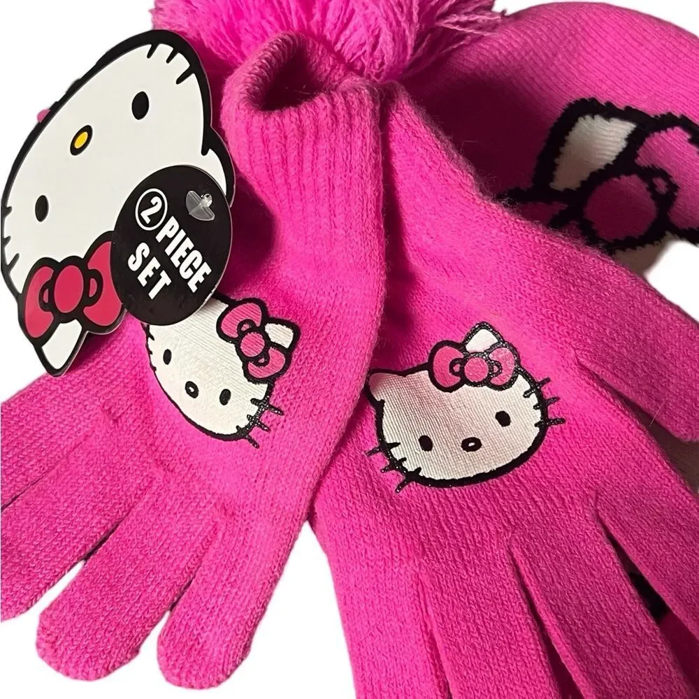 NWT Hello Kitty Pink Pom Pom Winter Hat Matching Mittens Set